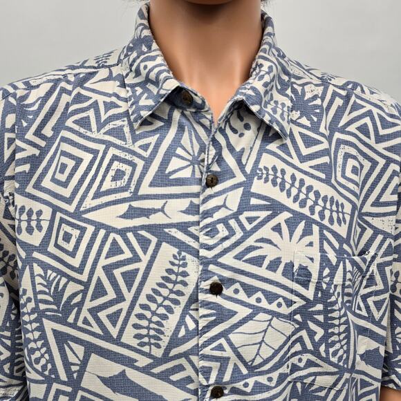 Quiksilver Waterman Shirt Shark Wave Geo Print Short Sleeve XL Comfort fit Blue - Picture 3 of 12